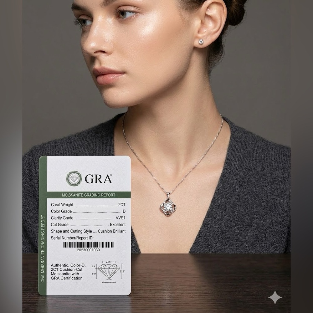 New Certified 2CT Cushion-Cut Moissanite Pendant Necklace. Retails $300 - Picture 3 of 3
